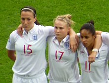Bronze (left) with Izzy Christiansen (centre) and Demi Stokes during the 2010 FIFA U-20 Women's World Cup U20-WM2010-Spiel13-England (cropped - Bronze, Christiansen, Stokes).jpg