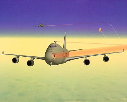 Artist impression of two YAL-1As shooting down ballistic missiles. The laser beams are highlighted red for visibility. (In reality, they would be invisible to the naked eye.)