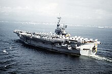 Ranger's last visit to Japan, August 1992 USS Ranger (CV-61) port quarter view last visit to Japan.jpg