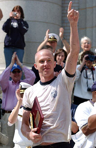 File:US Navy 070517-N-1134L-001 Midshipman 4th Class Jamie Schrock celebrates on the steps of the U.S. Naval Academy Chapel after successfully replacing the traditional "plebe" cover with a midshipman's cover at th.jpg