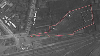 Plan du dépôt jouxtant la gare de Béthune (photographie aérienne de 1934) : 1. Bâtiment administratif. 2. Remise. 3. Halle à marchandises.