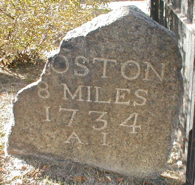 Milestone 8 on the Upper Post Road in Harvard Square, Cambridge Massachusetts