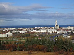 Panorama Reykjavíku. W głębi, po prawej widoczna bryła Hallgrímskirkja.