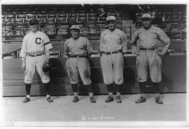 Bill Wambsganss (far left) standing alongside the victims of his unassisted triple play (from center left to far right) – Pete Kilduff, Clarence Mitch