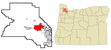 Washington County Oregon Incorporated en Unincorporated gebieden Hillsboro Highlighted.svg