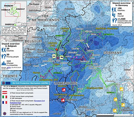 Harta principalelor regiuni inundate, conform Centrului European pentru Coordonarea Intervențiilor de Urgență (ERCC).