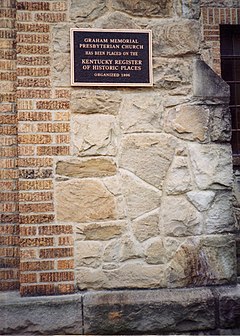 Facade of the Graham Memorial Presbyterian Church in Whitesburg (built in 1934 by Italian immigrant stonemasons), featuring the outline of a map of Italy Whitesburg-methodistchurch.jpg