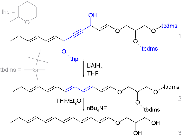 SMILES-esque: thp is CC1CCCCO1, tbdms is CSi(C)(C)C(C)(C)C.  Step 1 is CCC=CC=CC(Othp)C#CC(O)C=COCC(Otbdms)COtbdms, to which is added LiAlH4 in THF to obtain Step 2, namely CCC=CC=CC=CC=CC=COCC(Otbdms)COtbdms, to which is added nBu4NF in THF/Et2O to obtain Step 3, namely CCC=CC=CC=CC=CC=COCC(O)CO