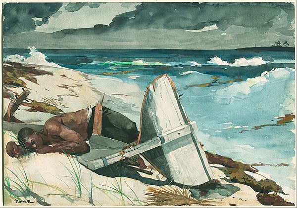 Winslow Homer painting of a man lying on a beach next to his destroyed boat in the Bahamas