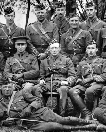 Churchill commanding the 6th Battalion, the Royal Scots Fusiliers, 1916. His second-in-command, Archibald Sinclair, is sitting on his right. WinstonChurchill1916Army.gif