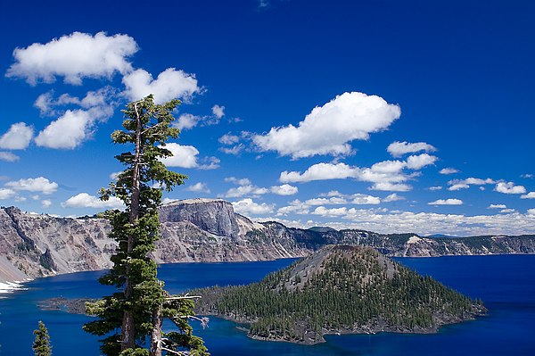 Postcaldera activity has included the production of the Wizard Island cinder cone volcano in Crater Lake