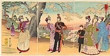 Император Мэйдзи с семейством любуется цветением сливы в парке Асука. Ксилография Тоёхара Тиканобу, 1890