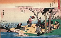 Ханамі в Осаці. Люди насолоджуються милуванням квітів танцями, музикою, їжею та саке. Утаґава Хірошіґе, 1834