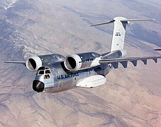 Boeing YC-14, with high-mounted jet engines to blow air over the upper surface of the wing, increasing lift at low speeds