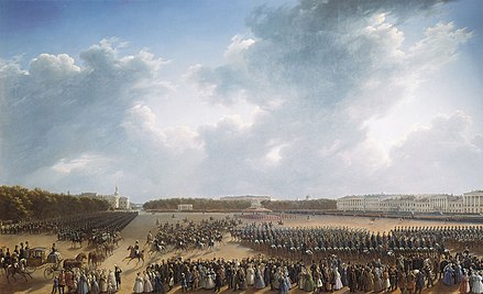 Parada z okazji zakończenia działań wojennych w Królestwie Polskim 6 października 1831 roku na Łące Carycyńskiej w Petersburgu. Obraz Grigorija Czerniecowa, 1837 r.