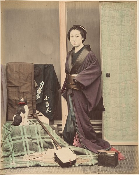 File:-Japanese Woman in Traditional Dress Posing with Cat and Instrument- MET DP155412.jpg