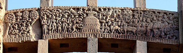 King Ashoka visits Ramagrama, to take relics of the Buddha from the Nagas, but in vain. Southern gateway, Stupa 1, Sanchi.