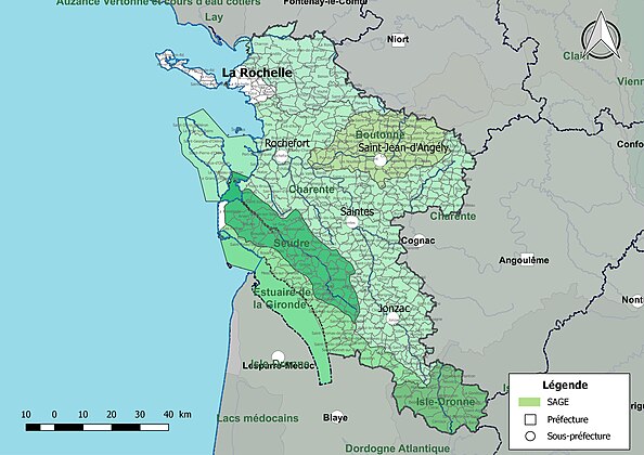 Carte des SAGE de la Charente-Maritime au 17 juin 2022. Le département est couvert par 6 SAGE (XXX)