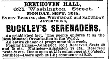 Advertisement for performance by Buckley's Serenaders at Boston's Beethoven Hall, 1875 1875 BeethovenHall BostonDailyGlobe September20.png