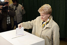 Dalia Grybauskaite casting a vote in the 2009 presidential election 2009 m. Respublikos Prezidento rinkimai Dalia Grybauskaite 03.jpg