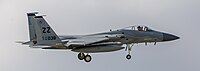 A US Air Force F-15C Eagle, tail number 81-0038, on final approach at Kadena Air Base in Okinawa, Japan. The aircraft is assigned to the 44th Fighter Squadron.