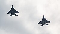 A formation of two F-15C/D Eagles overhead Kadena Air Base in Okinawa, Japan. The two aircraft are assigned to the 18th Wing.