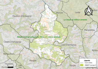 Carte des ZNIEFF de type 2 sur la commune.