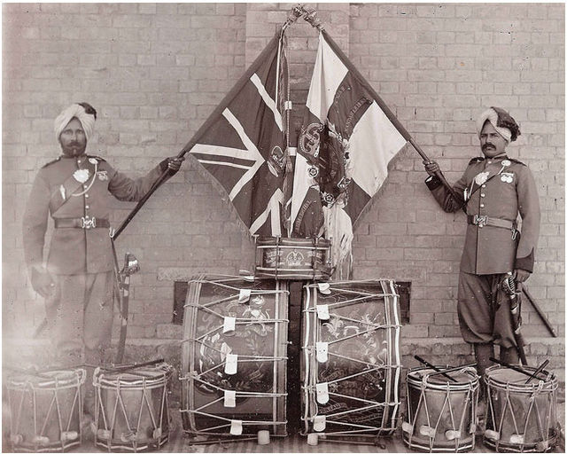 Flag party of the 52nd Sikhs (Frontier Force) at Kohat, with their regimental colours in 1905