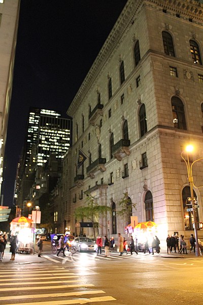 The current building seen at night