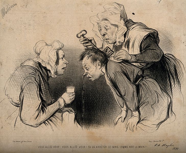 File:A maid puts a key down a man's shirt to stop his nosebleed. Wellcome V0011743.jpg