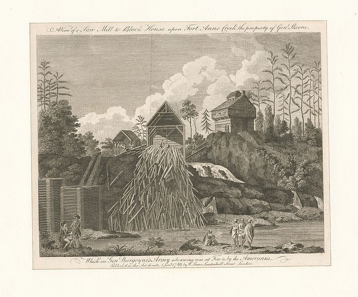 File:A view of a saw mill and block house upon Fort Anne Creek, the property of Genl. Skeene, which on Genl. Burgoyne's army advancing, was set fire to, by the Americans (NYPL Hades-280253-1253526).jpg