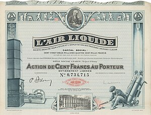 Acció de 100 francs d'Air Liquide S.A., emesa a París el 10 de juliol de 1937, amb la signatura de Paul Delorme com a president de la companyia