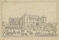 Stuttgart, Altes Schloss vom Dorotheenplatz, Federzeichnung, 14 x 22 cm, um 1830, Württembergische Landesbibliothek, online:. Links: Prinzenbau, rechts: Flügel des Neuen Schlosses, vorn: Geschirrmarkt. – Schefold 7957.