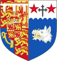 Våben for Camilla, hertuginde af Cornwall. Venstre del af skjoldet repræsenterer fyrsten af Wales, men højre del repræsenterer Familien Shand