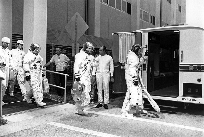 File:Armstrong (leading), Collins, and Aldrin make their way to the transfer van, probably for a Countdown Demonstration Test.jpg