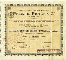 Action de la SA des Ateliers Piccard, Pictet & Cie, 1917