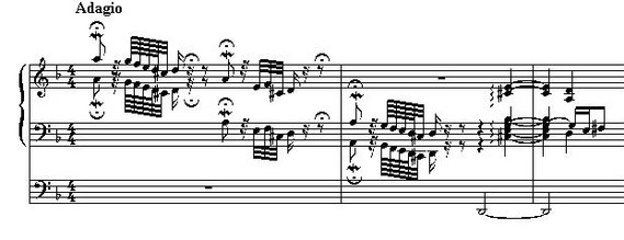 Beginning, D minor notation, with the pedal part on a separate staff (also, arpeggio in second half of second measure converted to modern notation) Bach Toccata d-moll BWV 565 begin.jpg