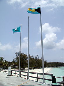 Highborne Cay; Bahamas flag in the foreground Bahamas flag.jpg