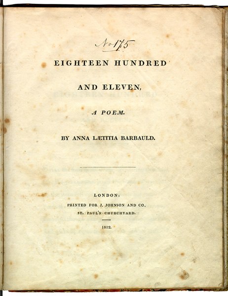 Original title page from Anna Laetitia Barbauld's Eighteen Hundred and Eleven