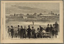 A baseball match between the Boston Red Stockings and the Philadelphia Athletics at Lord's in 1874. Base-ball in England - the match on Lord's cricket grounds between the Red Stockings and the Athletics - from a sketch by Abner Crossman. LCCN2008677252.tif