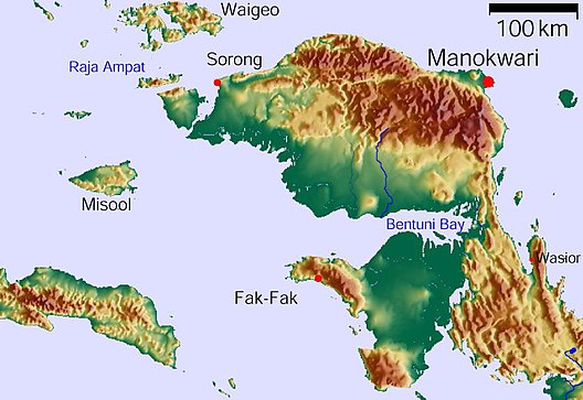 The Vogelkop and Bomberai Peninsulas. West of Bintuni Bay is the Berau Gulf, the 