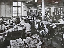 Blythe House preparing totals for daily balance 1930s.JPG