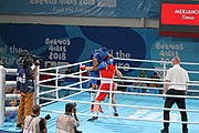 Deutsch: Boxen bei den Olympischen Jugendspielen 2018 Tag 12, 18. Oktober 2018 - Kampf um die Bronzemedaille im Fliegengewicht Mädchen – Timur Merjanow (Usbekistan, rot) schlägt Youssef Ali Karar Ali (Ägypten, blau) 5-0; Ringrichter ist Antonín Gaspar (Tschechien). English: Boxing at the 2018 Summer Youth Olympics on 18 October 2018 – Boy's heavyweight Bronze Medal Bout - Timur Merjanov (Uzbekistan, red) beats Youssef Ali Karar Ali (Egypt, blue) 5-0; Referee is Antonín Gaspar (Czech Republic). Español: Boxeo en los Juegos Olímpicos Juveniles de Verano de 2018 en 18 de octubre de 2018 - Medalla de bronce de peso pesado del muchacho: Timur Merjanov (Uzbekistán, roja) le gana a Youssef Ali Karar Ali (Egipto, azul) 5-0; El árbitro es Antonín Gaspar (Republica checa).