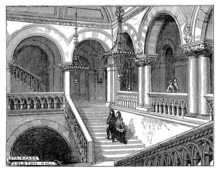 Interior of Colston Hall in 1873, before the fire Bristol 1873 - Colston Hall staircase.png