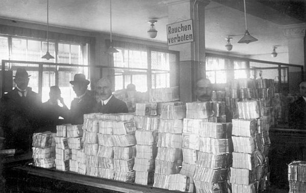 Piles of new Notgeld banknotes awaiting distribution at the Reichsbank during the hyperinflation