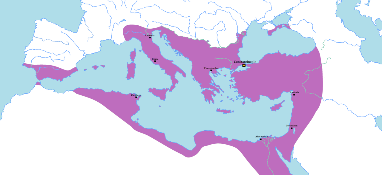 The Byzantine Empire at its greatest extent since the fall of the Western Roman Empire, under Justinian I in 555 AD.