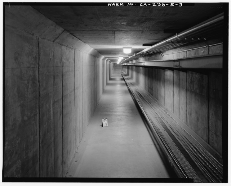 File:CABLE TUNNEL TO TEST STAND 1-A, LOOKING SOUTH TO STAIRS LEADING UP TO CONTROL CENTER. - Edwards Air Force Base, Air Force Rocket Propulsion Laboratory, Control Center, Test HAER CAL,15-BORON.V,4E-3.tif