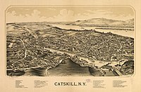 Perspective map of Catskill from 1889 by L. R. Burleigh with list of landmarks