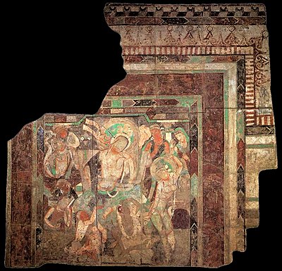 The mural, "Dance of princess Chandraprabha", with frames probably derived from Roman art of the 1st century CE.[73] Treasure Cave C (Cave 83). MIK III 8443.
