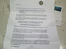 Printed Australian chain letter from 2006, with a five-cent coin taped to it as what it calls a "financial eye-catcher" Chain Letter.jpg